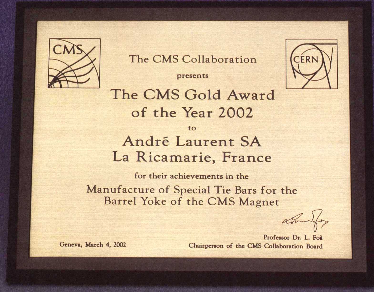 Gold Award for Special Tie Bars for Barrel Yoke (CMS MAGNET)